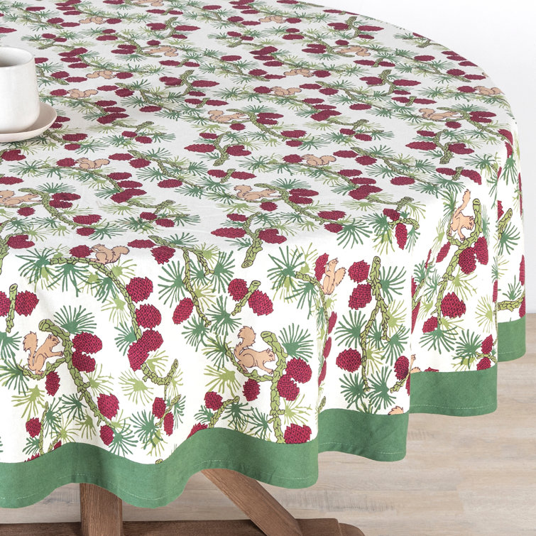 Round Green and Red Floral Cotton Tablecloth, 70"
