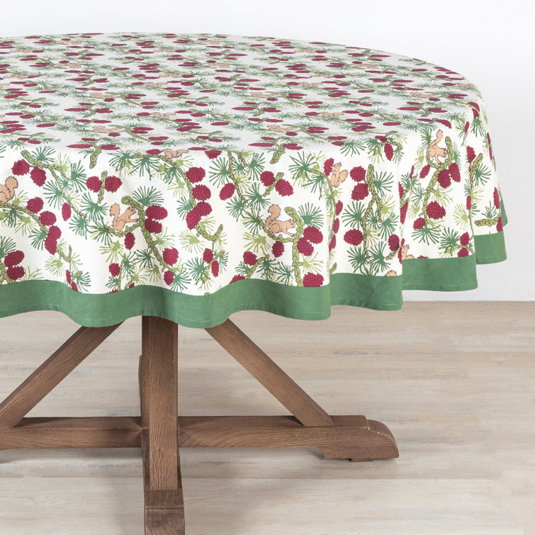 Round Green and Red Floral Cotton Tablecloth, 70"