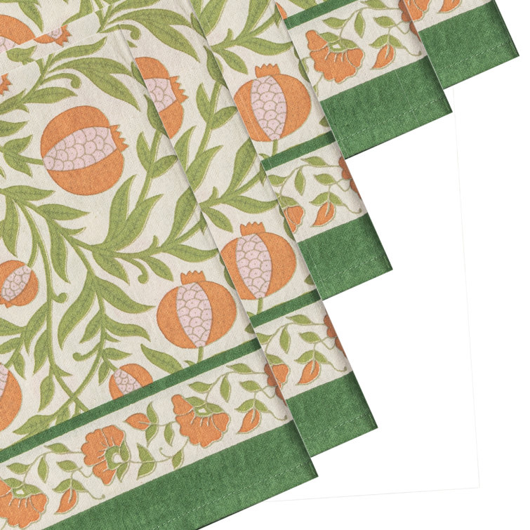 Orange and Green Floral Cotton Napkins, Set of 6