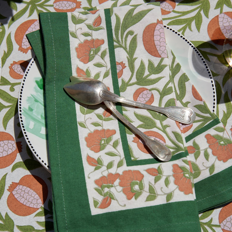 Orange and Green Floral Cotton Napkins, Set of 6