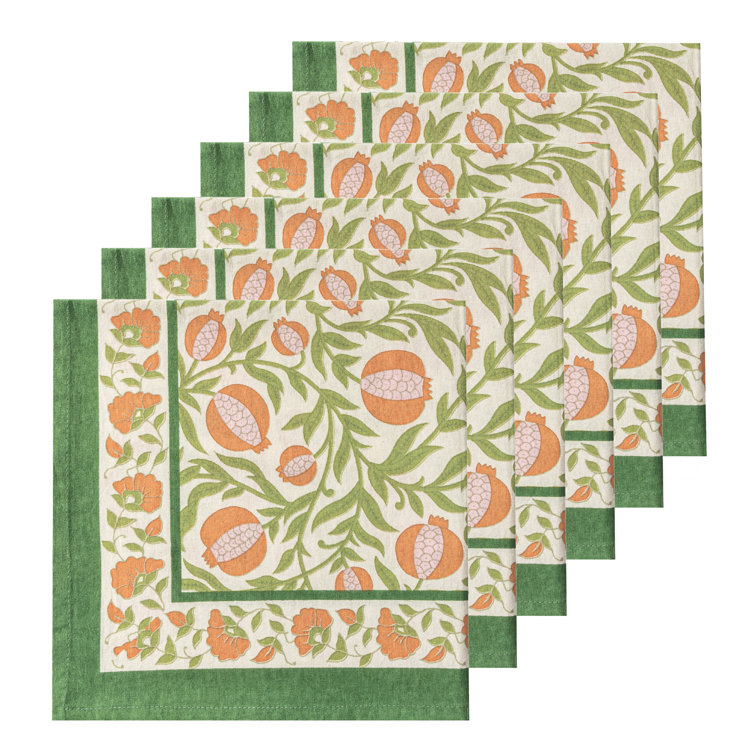 Orange and Green Floral Cotton Napkins, Set of 6