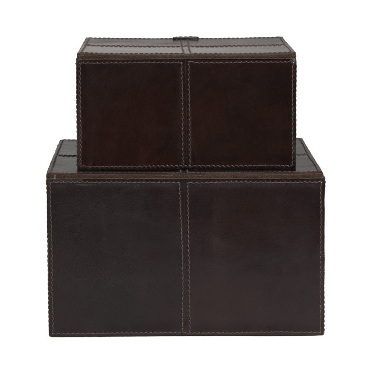 Dark Brown Faux Leather Rectangular Storage Boxes with Hinged Lids, Set of 2