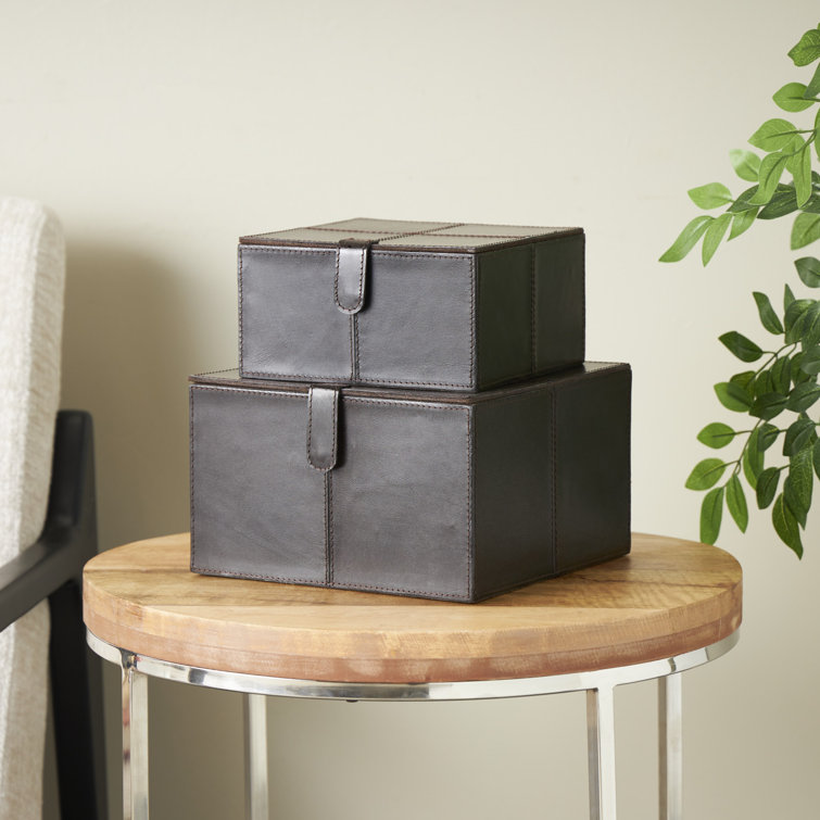 Dark Brown Faux Leather Rectangular Storage Boxes with Hinged Lids, Set of 2