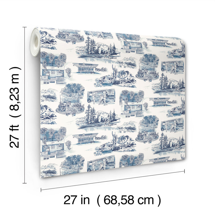 Navy Scenic Vista Toile Pre-pasted Washable Wallpaper