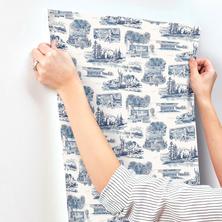 Navy Scenic Vista Toile Pre-pasted Washable Wallpaper