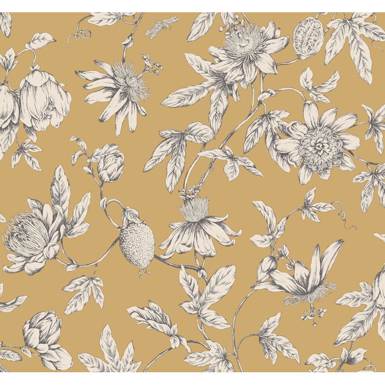 Golden Harvest Passion Flower Toile Floral Wallpaper