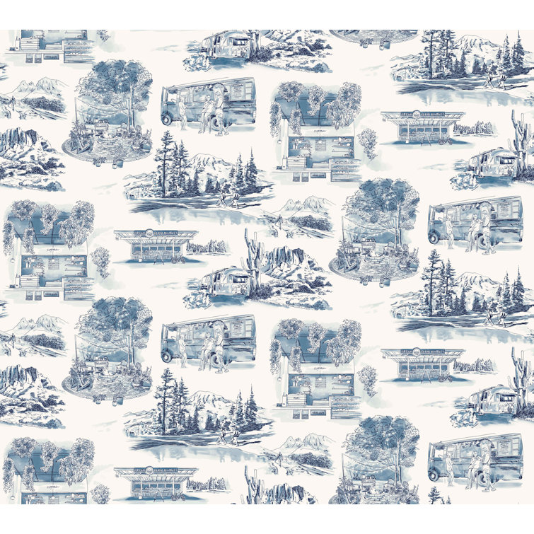 Navy Scenic Vista Toile Pre-pasted Washable Wallpaper