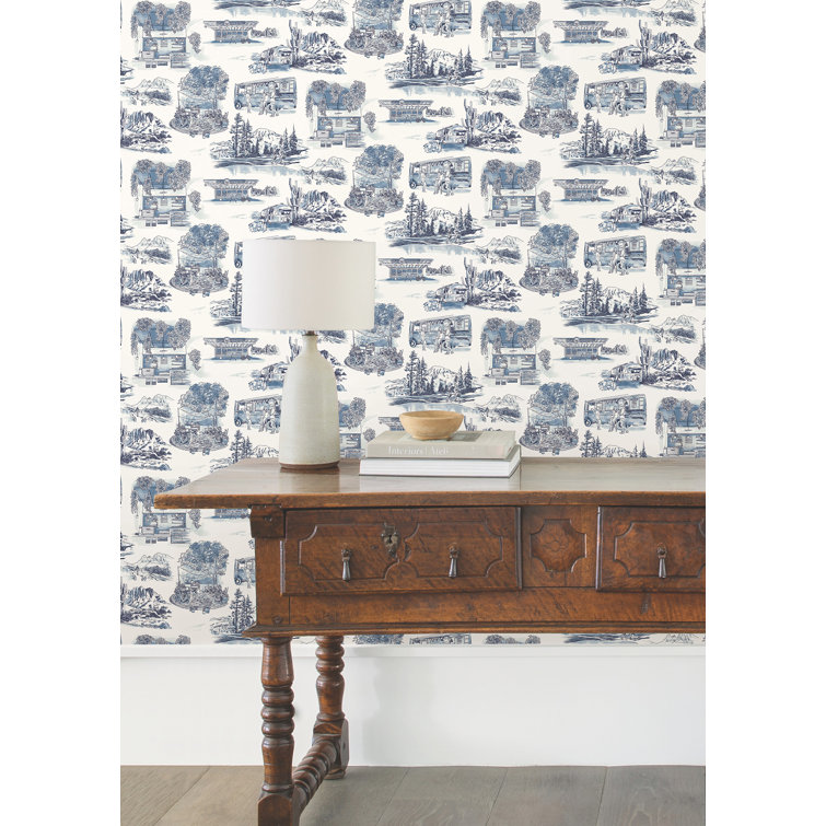 Navy Scenic Vista Toile Pre-pasted Washable Wallpaper