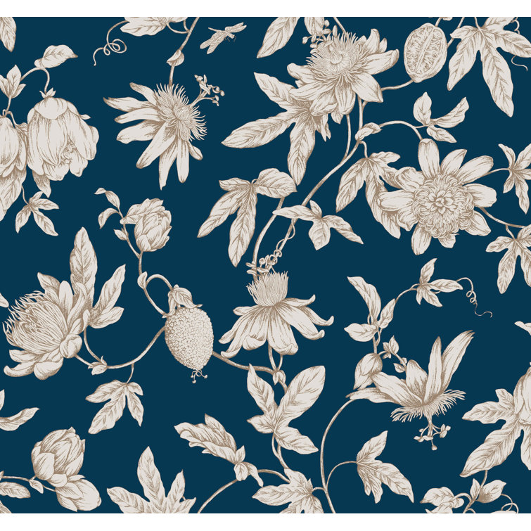Navy Passion Flower Toile Non-pasted Wallpaper