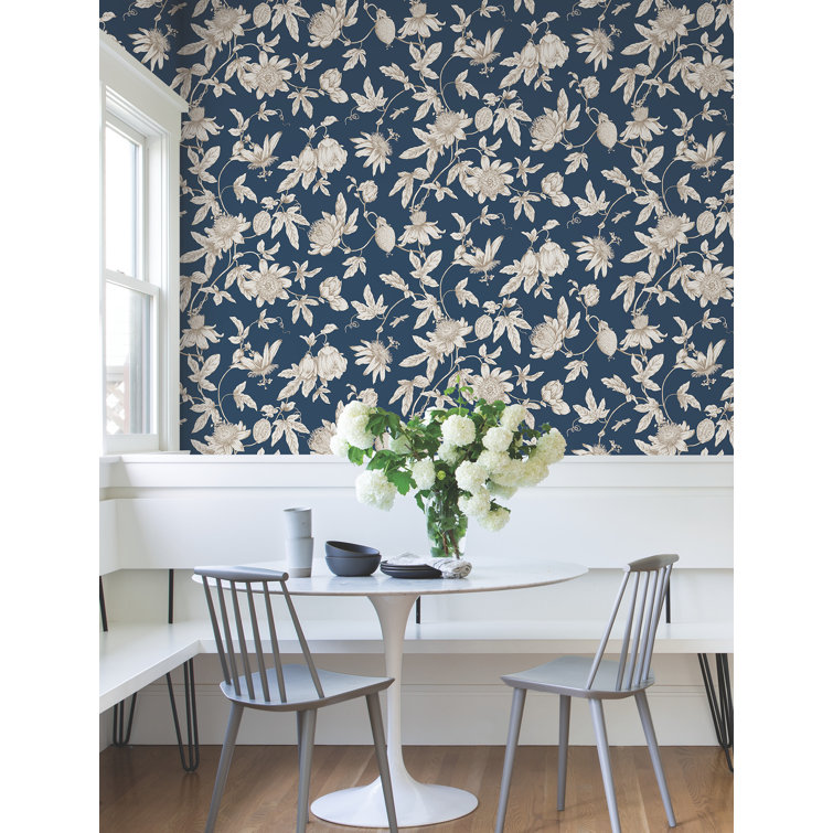 Navy Passion Flower Toile Non-pasted Wallpaper