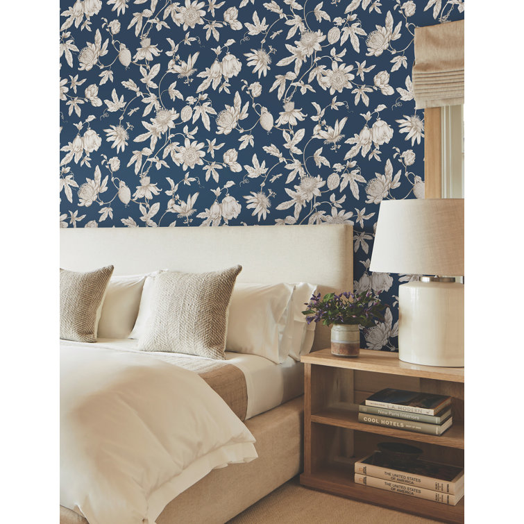 Navy Passion Flower Toile Non-pasted Wallpaper