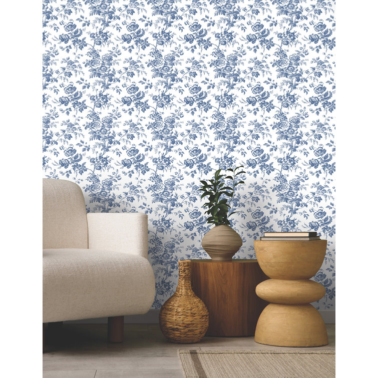 Navy Floral Toile Pre-pasted Washable Wallpaper Roll