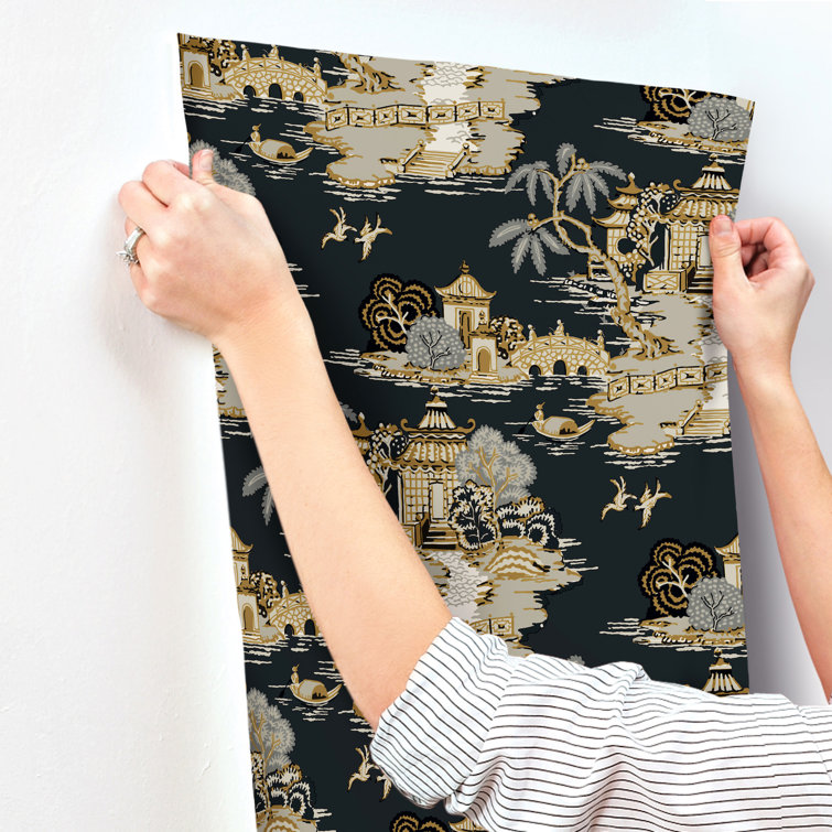 Black Scenic Pagoda and Sampan Toile Wallpaper
