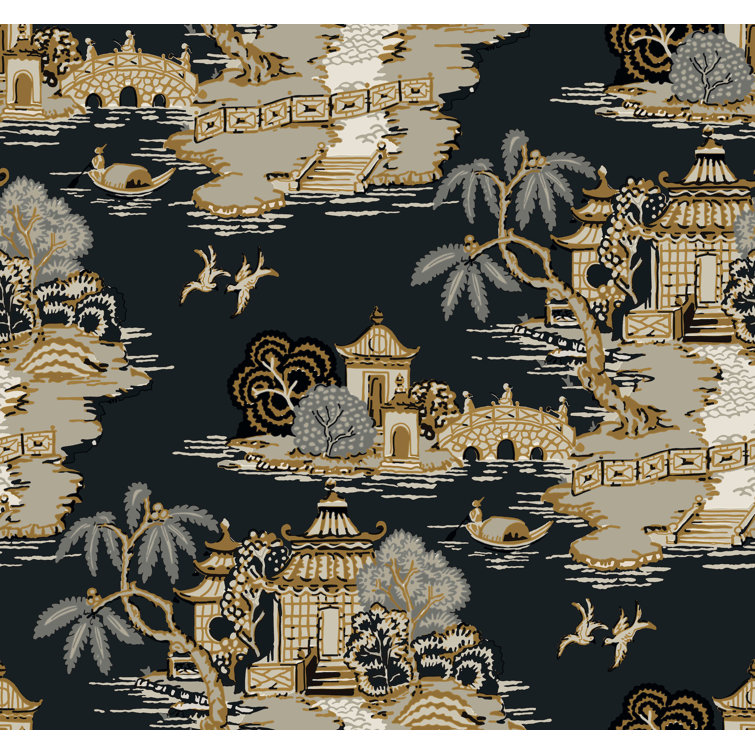 Black Scenic Pagoda and Sampan Toile Wallpaper