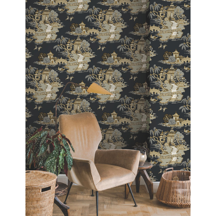Black Scenic Pagoda and Sampan Toile Wallpaper