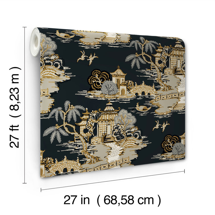 Black Scenic Pagoda and Sampan Toile Wallpaper