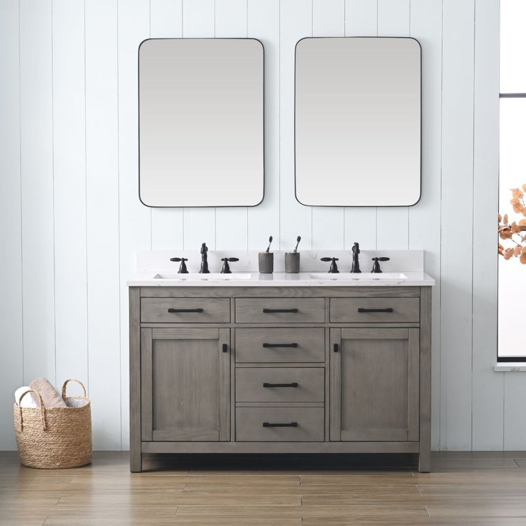 Textured Gray Double Bathroom Vanity with Carrara White Top