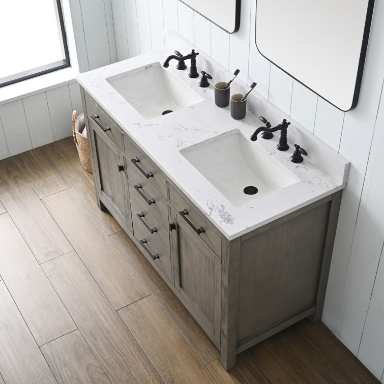 Textured Gray Double Bathroom Vanity with Carrara White Top