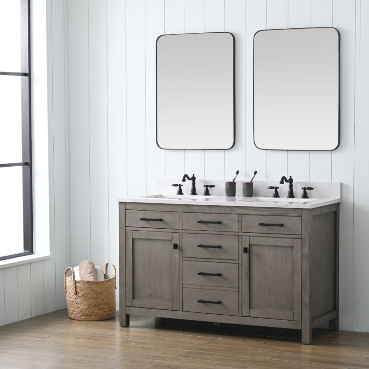 Textured Gray Double Bathroom Vanity with Carrara White Top