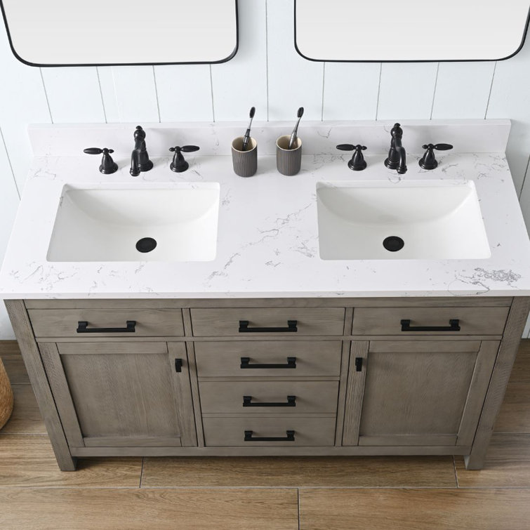 Textured Gray Double Bathroom Vanity with Carrara White Top