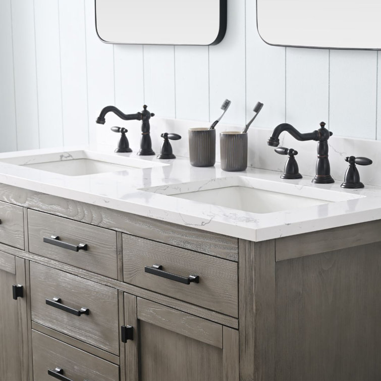 Textured Gray Double Bathroom Vanity with Carrara White Top