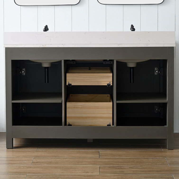 Textured Gray Double Bathroom Vanity with Carrara White Top