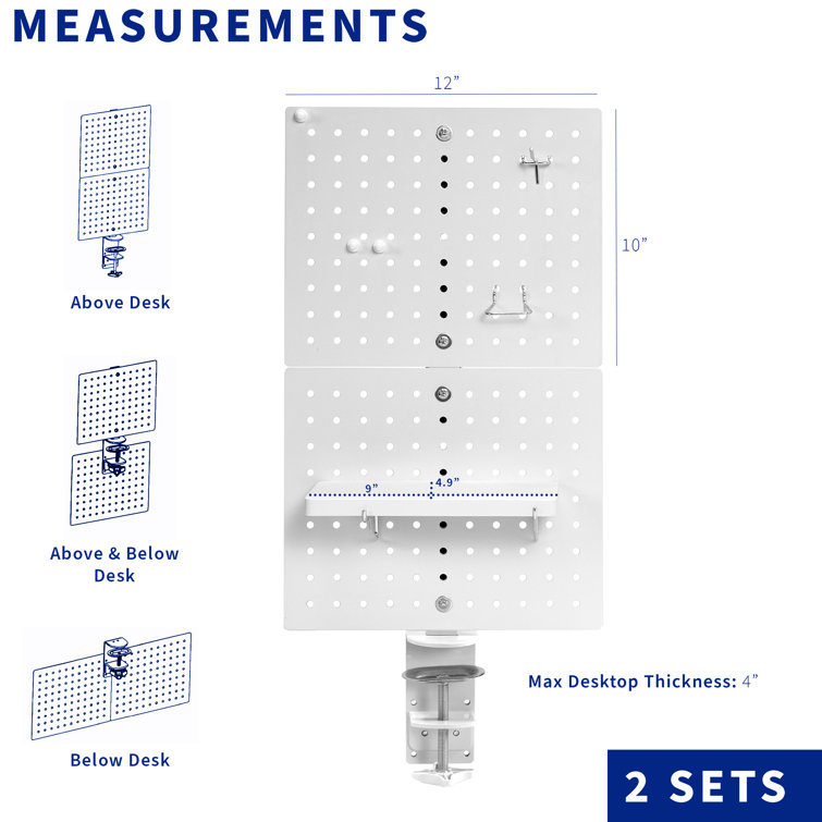 White Steel Clamp-on Office Pegboard with Shelves and Hooks