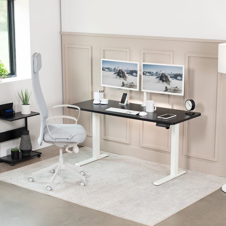 White and Black Adjustable Height Electric Standing Desk with Wood Top