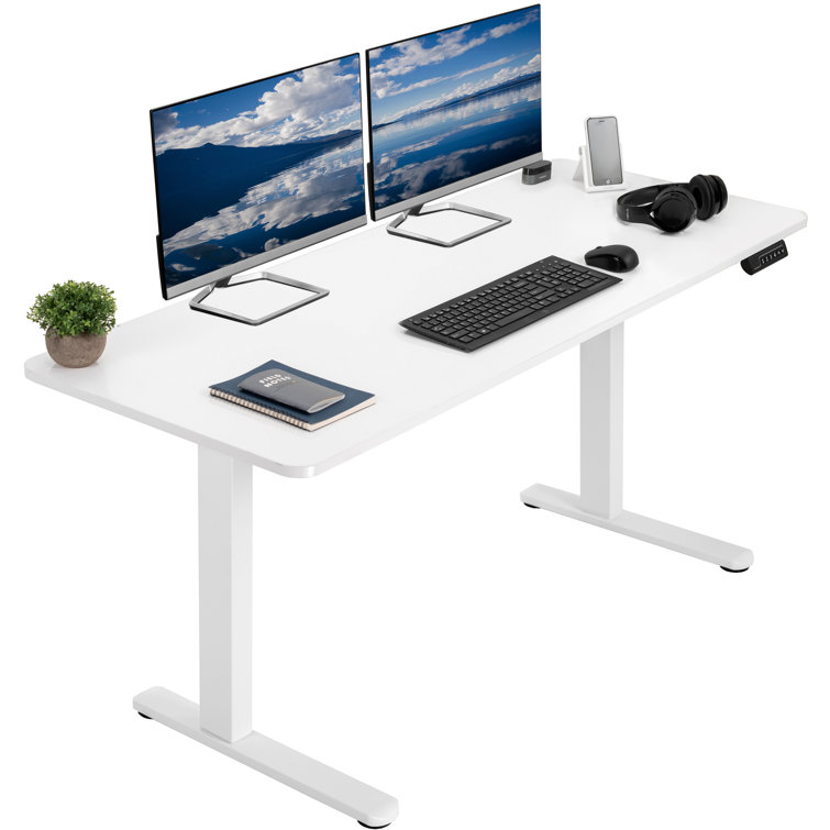 White and Black Adjustable Height Electric Standing Desk with Wood Top