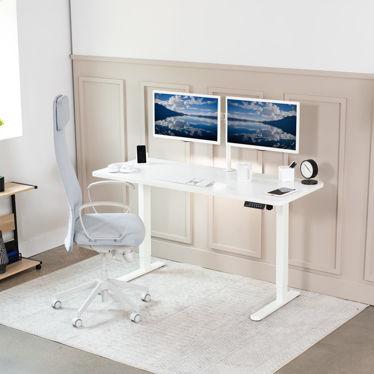 White and Black Adjustable Height Electric Standing Desk with Wood Top
