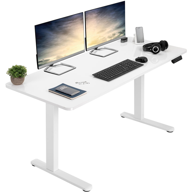 White and Black Adjustable Height Electric Standing Desk with Wood Top