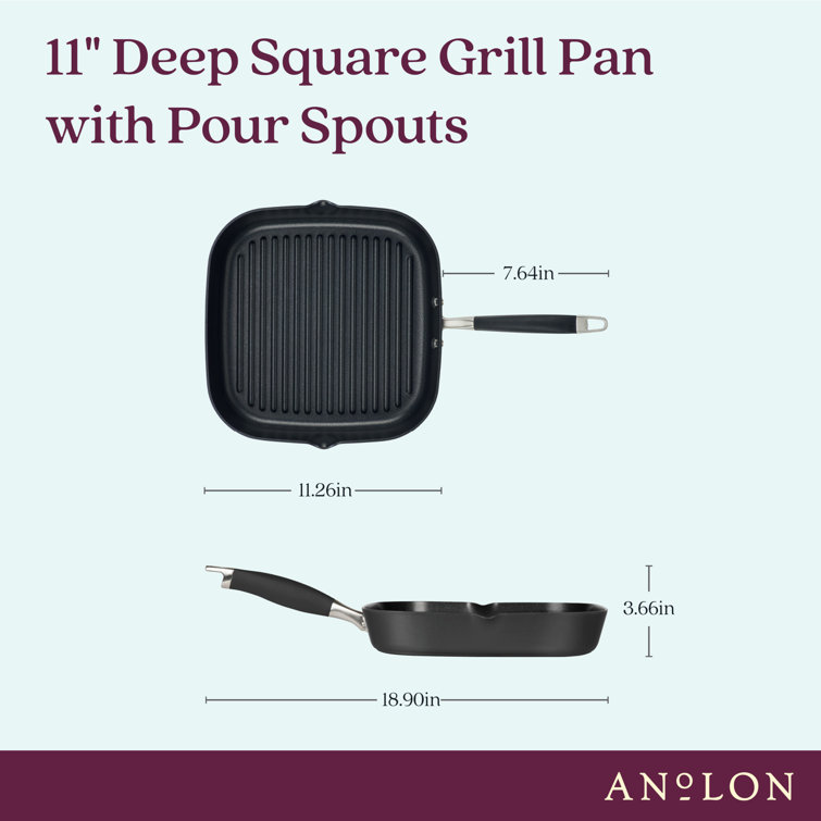 Onyx Hard Anodized Nonstick Deep Square Grill Pan with Pour Spouts, 11 Inch