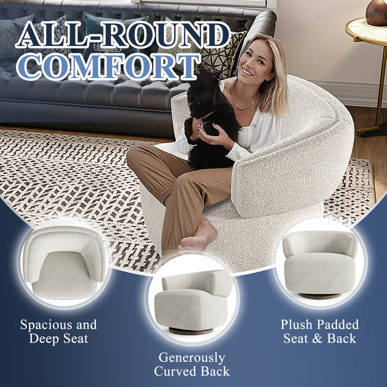 Beige Polyester Swivel Barrel Accent Chair with Metal Base