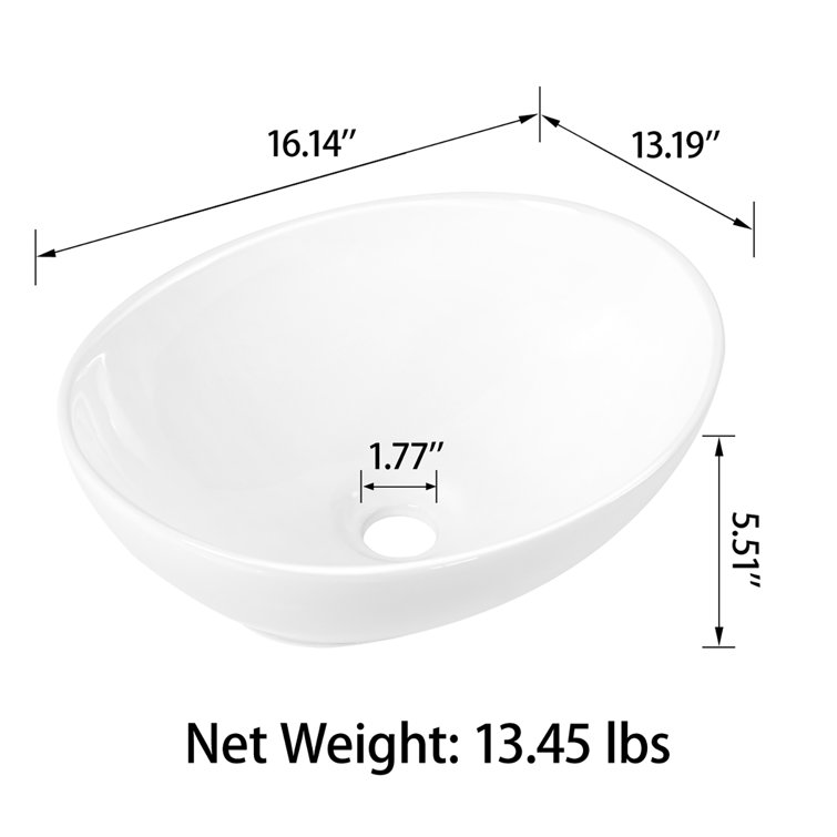Sinber 16'' White Oval Ceramic Bathroom Vessel Sink
