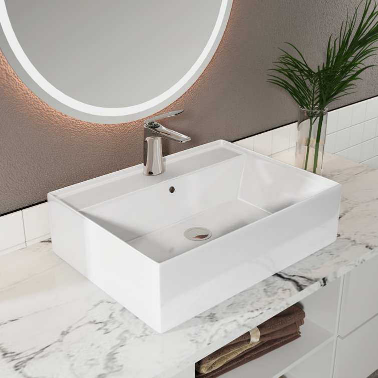 24" White Rectangular Ceramic Countertop Vessel Sink