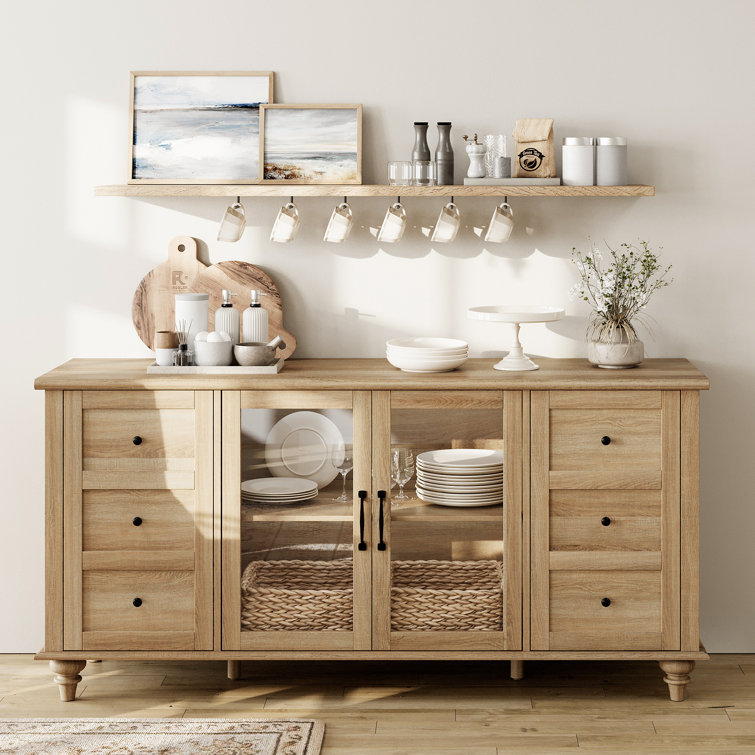 Oak 58" Wide Glass Door Sideboard with Adjustable Shelves