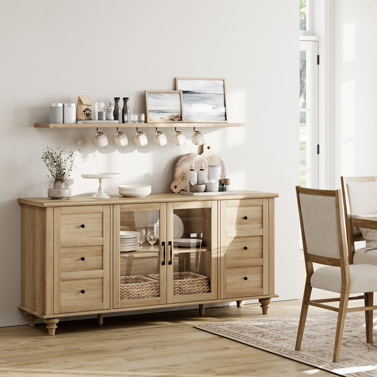Oak 58" Wide Glass Door Sideboard with Adjustable Shelves