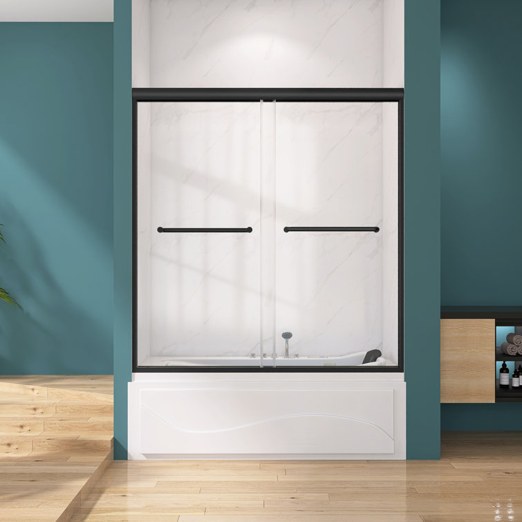 Black Aluminum and Tempered Glass Double Sliding Tub Door