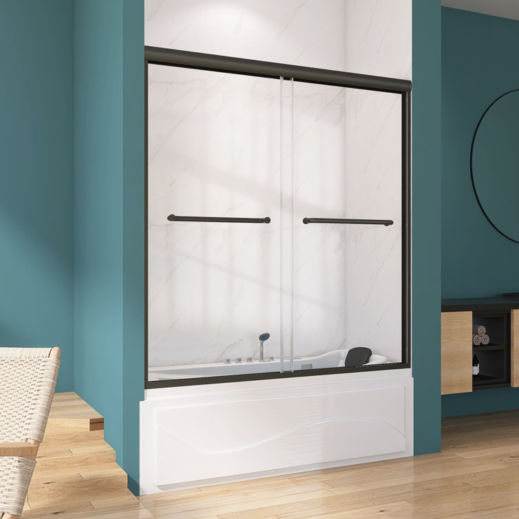 Black Aluminum and Tempered Glass Double Sliding Tub Door