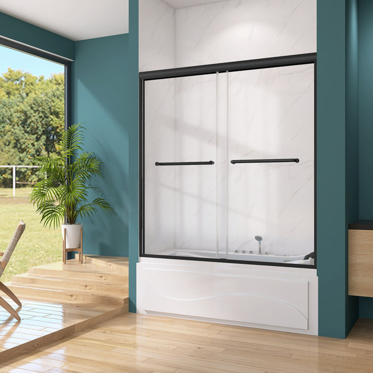 Black Aluminum and Tempered Glass Double Sliding Tub Door
