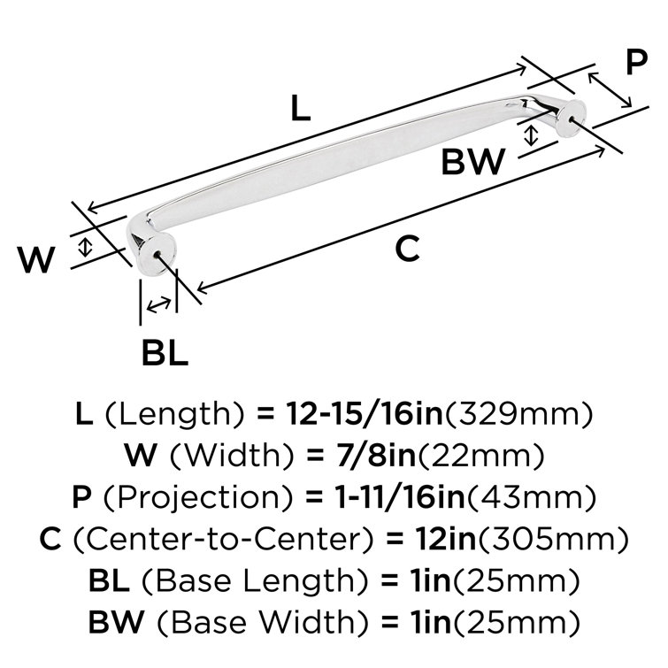 Polished Chrome 12" Modern Appliance Pull with Mounting Hardware