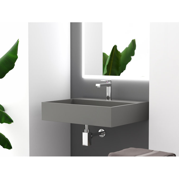 Gray 24" Wall-Mounted Stone Bathroom Sink with Concealed Drain