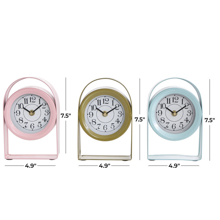 Set of 3 Multicolor Metal Analog Table Clocks with Arched Stands
