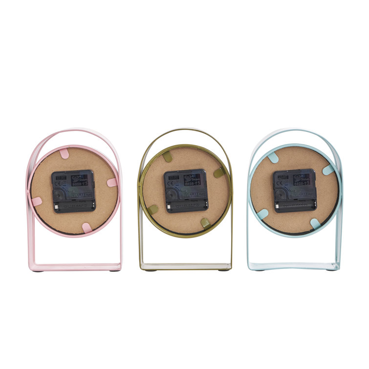 Set of 3 Multicolor Metal Analog Table Clocks with Arched Stands