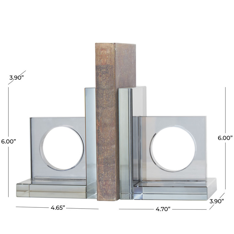 Clear Glass Geometric Non-Skid Bookends with Circle Cut Outs