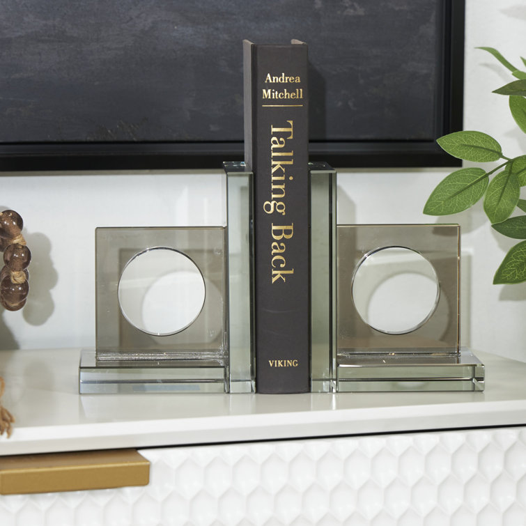 Clear Glass Geometric Non-Skid Bookends with Circle Cut Outs