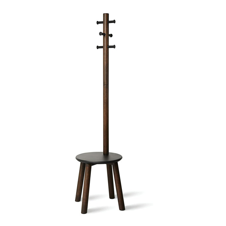 Black and Walnut Multifunctional Coat Rack with Integrated Stool