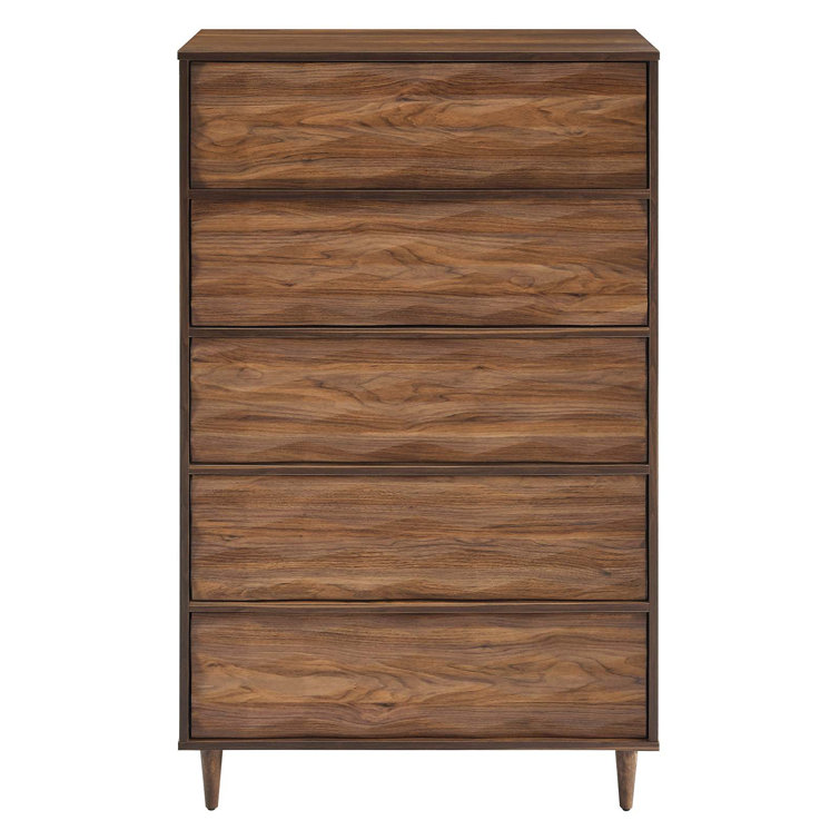 Walnut 5-Drawer Chest with Grooved Wave Design