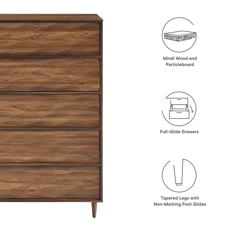 Walnut 5-Drawer Chest with Grooved Wave Design