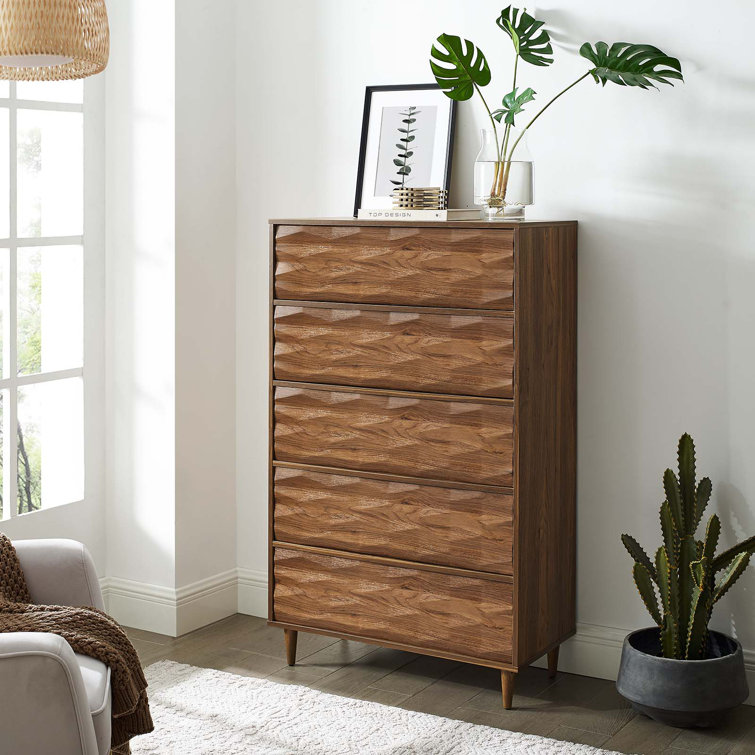 Walnut 5-Drawer Chest with Grooved Wave Design